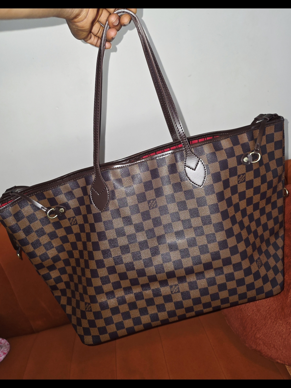 Louis Vuitton Brown Damier Canvas Tote with Red Stripe Interior